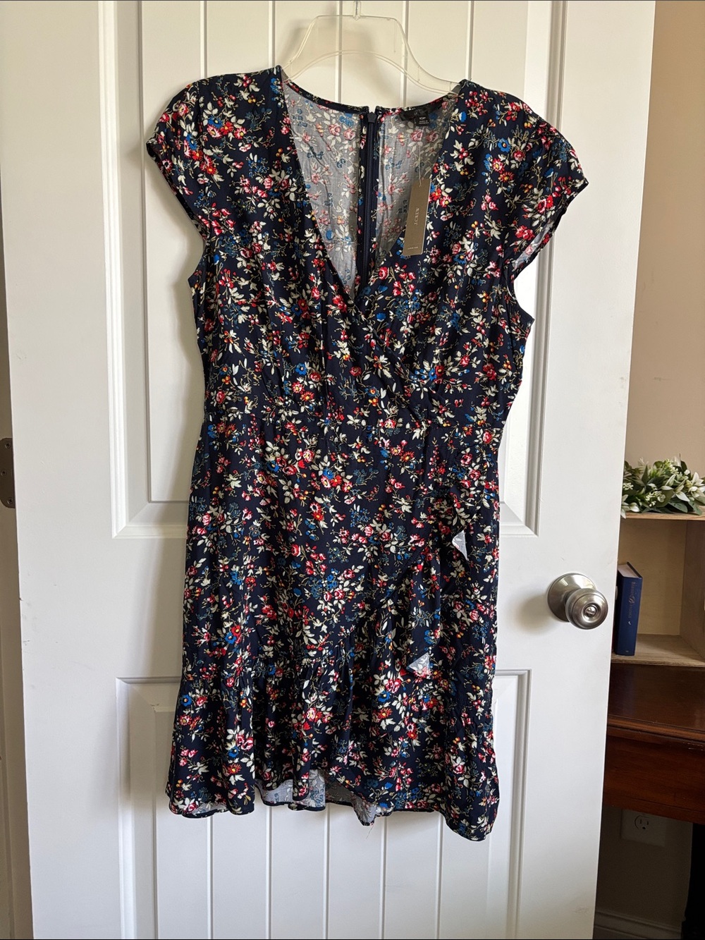 J. Crew Navy Floral V-Neck Ruffle Mini Dress